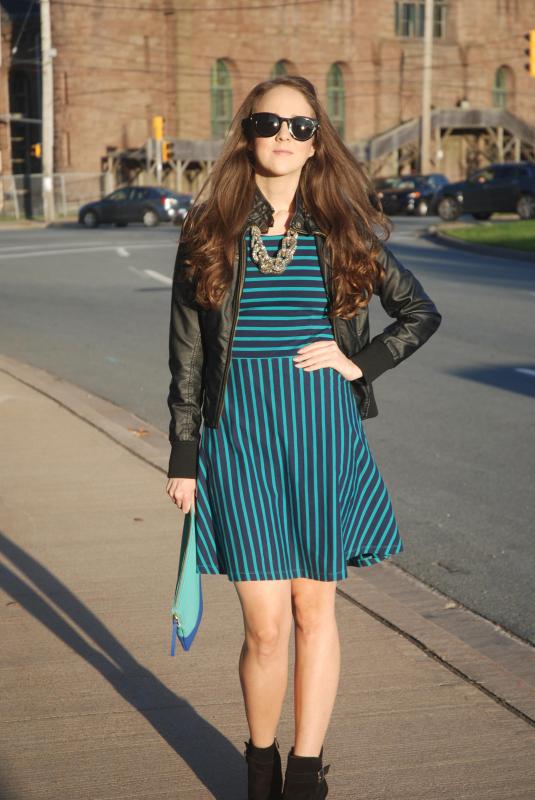 Fall Fashion, Blue Dress, Old Navy, Gap, Winners, Vince Camuto, Leather Jackets, Clutch, Sunnies, Polette, Atlantic Fashion Week, AFW, Atlantic Fashion