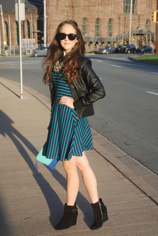 Fall Fashion, Blue Dress, Old Navy, Gap, Winners, Vince Camuto, Leather Jackets, Clutch, Sunnies, Polette, Atlantic Fashion Week, AFW, Atlantic Fashion