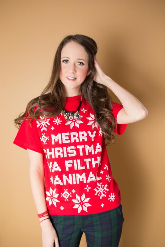 Merry Christmas Ya Filthy Animal Tshirt, Zara Trousers, Ugly Christmas Sweaters
